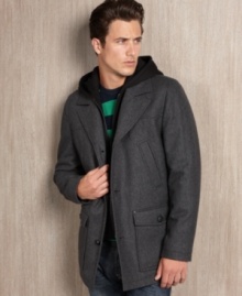 Take a stylish step into the colder weather with this military-inspired, wind-resistant pea coat from Guess.