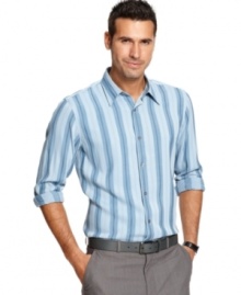 Keep your look crisp with this handsome striped shirt from Via Europa. Keep your look crisp with this handsome striped shirt from Via Europa.