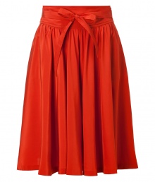 Elegant skirt in fine, pure silk - Vibrant and on-trend in rich rust-orange - Supremely soft fabric has a lush, matte sheen and hangs beautifully - Slightly higher waist with chic, slim tie belt and belt loops - Side pockets and hook-and-eye closure - Gently pleated swing style hits just above the knee - Pair with a button down, dressy tank or short sleeve sweater and flat sandals, wedges or peep toe pumps Elegant skirt in fine, pure silk - Vibrant and on-trend in rich rust-orange - Supremely soft fabric has a lush, matte sheen and hangs beautifully - Slightly higher waist with chic, slim tie belt and belt loops - Side pockets and hook-and-eye closure - Gently pleated swing style hits just above the knee - Pair with a button down, dressy tank or short sleeve sweater and flat sandals, wedges or peep toe pumps