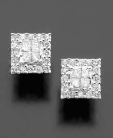 Stunning squares of princess- and round-cut diamonds (1/2 ct. t.w.) make an elegant statement. Stud earrings set in 14k white gold.