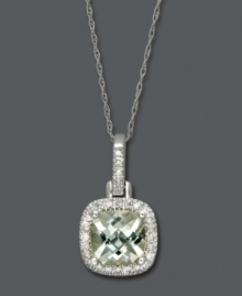 A pop of pastel creates a fresh look for spring. Square-cut green quartz (1-5/8 ct. t.w.) sparkles within a halo of round-cut diamonds (1/6 ct. t.w.). Setting and chain crafted in 14k white gold. Approximate length: 18 inches. Approximate drop: 3/4 inch. A pop of pastel creates a fresh look for spring. Square-cut green quartz (1-5/8 ct. t.w.) sparkles within a halo of round-cut diamonds (1/6 ct. t.w.). Setting and chain crafted in 14k white gold. Approximate length: 18 inches. Approximate drop: 3/4 inch.