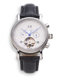 THE LOOKRound stainless steel case, 38mm (1.5)Textured bezelWhite chronograph dial with transparent detailNumeral hour markersTransparent case backBlack croc-print leather strapWater resistant to 3 ATMTHE MATERIALStainless steelCroc-print leatherORIGINImported THE LOOKRound stainless steel case, 38mm (1.5)Textured bezelWhite chronograph dial with transparent detailNumeral hour markersTransparent case backBlack croc-print leather strapWater resistant to 3 ATMTHE MATERIALStainless steelCroc-print leatherORIGINImported