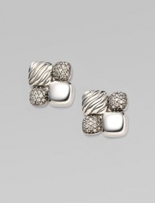 From the Chiclet Collection. Four squares of pavé diamonds, smooth sterling silver and cabled sterling silver are pieced together to make a stunning mosaic square. Diamonds, 0.26 tcw Sterling silver and black rhodium plated Length, about ½ Width, about ½ Post back Made in USA From the Chiclet Collection. Four squares of pavé diamonds, smooth sterling silver and cabled sterling silver are pieced together to make a stunning mosaic square. Diamonds, 0.26 tcw Sterling silver and black rhodium plated Length, about ½ Width, about ½ Post back Made in USA