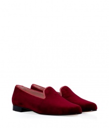 Take a luxe stance on one of this seasons hottest trends in Penelope Chilvers deep burgundy velvet slipper-style loafers - Rounded toe, rose grosgrain trim, natural leather sole - Slip-on style - Team with leather leggings and chunky knits, or dress down on the weekend with skinnies and button-downs