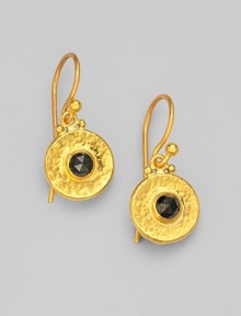 From the Droplet Collection. Stunning, rosecut black diamonds are set within glistening round droplets of hammered 24k yellow gold. Black diamonds, 0.64 tcw 24k yellow gold Width, about ½ Drop, about 1 Ear wire Imported From the Droplet Collection. Stunning, rosecut black diamonds are set within glistening round droplets of hammered 24k yellow gold. Black diamonds, 0.64 tcw 24k yellow gold Width, about ½ Drop, about 1 Ear wire Imported