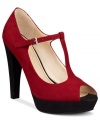 Fancy and colorblocked. Marc Fisher's Toby Mary Jane platform pumps feature a cute peep-toe and a t-strap at the vamp.