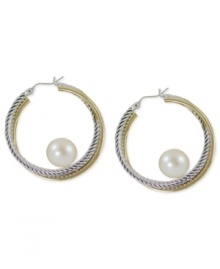 Abstract elegance. Cultured freshwater pearls (7-1/2-8 mm) stand at the center of 14k gold and sterling silver hoop earrings for a bit of postmodern appeal. Approximate diameter: 1-1/4 inches. Abstract elegance. Cultured freshwater pearls (7-1/2-8 mm) stand at the center of 14k gold and sterling silver hoop earrings for a bit of postmodern appeal. Approximate diameter: 1-1/4 inches.