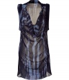 Stylish dress in black and blue viscose georgette - Transparent, extremely fine fabric - With large areas of batik print - Indicated waterfall collar, carded sleeves and decorative ruffles at the front - Style with cool leather pants and platform heels for a gallery event, restaurant opening or special night downtown