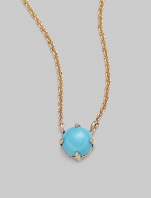 A smooth drop of sleeping beauty turquoise suspended on a delicate cable chain.Sleeping beauty turquoise 14K gold Length, about 16 Spring clip clasp Made in USA A smooth drop of sleeping beauty turquoise suspended on a delicate cable chain.Sleeping beauty turquoise 14K gold Length, about 16 Spring clip clasp Made in USA