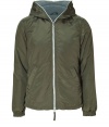 Stylish jacket in olive green nylon (shell) and cotton (lining) - A sporty standout from Italian it-label Duvetica - Super-soft, lightweight fabric is ultra-durable and protects against wind, rain and spring cold - Long, cuffed sleeves and kangaroo pockets at front - Protective hood and full two-way zipper - Slim, straight cut - Casually elegant and great for everyday