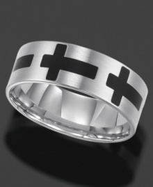This titanium ring by Triton modernizes the traditional cross design with a black resin coating. The inside is slightly rounded for a comfortable fit. Approximate band width: 8 mm. Sizes 8-15. This titanium ring by Triton modernizes the traditional cross design with a black resin coating. The inside is slightly rounded for a comfortable fit. Approximate band width: 8 mm. Sizes 8-15.