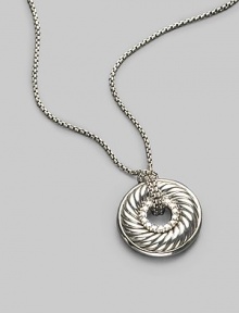 From the Carved Cable Collection. Pavé diamonds border a petite disk pendant with signature sculpted cable design, elegantly hanging from a sterling silver box chain. Diamonds, 0.15 tcw Sterling silver Length, about 17 Lobster clasp Imported From the Carved Cable Collection. Pavé diamonds border a petite disk pendant with signature sculpted cable design, elegantly hanging from a sterling silver box chain. Diamonds, 0.15 tcw Sterling silver Length, about 17 Lobster clasp Imported