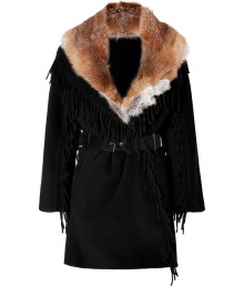 Ultra glamorous with its luxurious fox fur collar, Ermanno Scervinos dramatic fringed coat guarantees a statement finish to cool weather looks - Oversized tonal red fox fur collar, long sleeves, hidden front snaps, side slit pockets, belted waistline with tonal leather accents, allover fringed trim - Tailored fit - Wear with streamlined accessories and matching black leather handbags Ultra glamorous with its luxurious fox fur collar, Ermanno Scervinos dramatic fringed coat guarantees a statement finish to cool weather looks - Oversized tonal red fox fur collar, long sleeves, hidden front snaps, side slit pockets, belted waistline with tonal leather accents, allover fringed trim - Tailored fit - Wear with streamlined accessories and matching black leather handbags