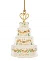 How sweet. Cherish your first Christmas together with this special Lenox cake ornament. Four tiers of ivory porcelain decorated with brilliant gold and festive holly make it a gift any happy couple will cherish. Qualifies for Rebate