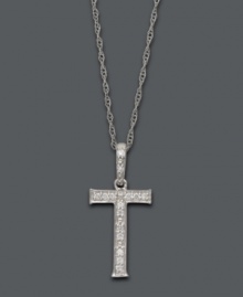 Spell it out in sparkle! This personalized initial charm necklace makes the perfect gift for Teresa or Tara. Features sparkling, round-cut diamond accents. Setting and chain crafted in 14k white gold. Approximate length: 18 inches. Approximate drop: 1/2 inch. Spell it out in sparkle! This personalized initial charm necklace makes the perfect gift for Teresa or Tara. Features sparkling, round-cut diamond accents. Setting and chain crafted in 14k white gold. Approximate length: 18 inches. Approximate drop: 1/2 inch.