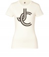 Casual looks get a sporty luxe finish with Juicy Coutures flocked logo short sleeved tee - Rounded neckline, short sleeves, metallic trim - Slim fitting silhouette - Pair with jeans, mini-skirts or cuffed shorts