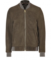 The stylish solution for transitional weather, this neutral-hued classic suede jacket from Marc Jacobs features a shearling lining and an easy to layer versatility - Ribbed split stand collar, front zip closure, long sleeves with ribbed cuffs, slit pockets, ribbed hem, shearling lining - Classic straight cut, fitted cuffs and hemline - Style with a cashmere pullover or a plaid button-down, straight leg jeans, and trainers The stylish solution for transitional weather, this neutral-hued classic suede jacket from Marc Jacobs features a shearling lining and an easy to layer versatility - Ribbed split stand collar, front zip closure, long sleeves with ribbed cuffs, slit pockets, ribbed hem, shearling lining - Classic straight cut, fitted cuffs and hemline - Style with a cashmere pullover or a plaid button-down, straight leg jeans, and trainers