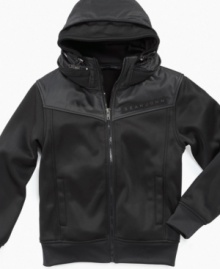 With a hood or without a hood? No need to choose with this Sean John jacket that sports a zip compartment made just for the easily hidden hood. With a hood or without a hood? No need to choose with this Sean John jacket that sports a zip compartment made just for the easily hidden hood.
