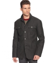 With a military edge softened by construction in velvety moleskin, this is the piece you turn to when you want something more stylish than a sport coat or the same old jeans jacket. Button-front jacket with chest pockets From Armani Jeans. With a military edge softened by construction in velvety moleskin, this is the piece you turn to when you want something more stylish than a sport coat or the same old jeans jacket. Button-front jacket with chest pockets From Armani Jeans.