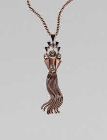 This edgy design has four sparkling glass beads, triangle shaped studs and a chain tassel. Brass Lobster clasp closure Length, about 34 Pendant length, about 6½ Imported This edgy design has four sparkling glass beads, triangle shaped studs and a chain tassel. Brass Lobster clasp closure Length, about 34 Pendant length, about 6½ Imported