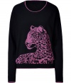 Prowl the urban jungle in chic Juicy Couture style with this pink metallic detailed snow leopard pullover - Round neckline, metallic trim, long sleeves, metallic trimmed cuffs, fine ribbed trim - Loosely fitted - Wear with leather leggings and shearling lined boots