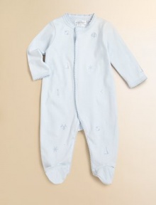 Crafted from luxuriously soft cotton jersey as part of the Luxe Pima collection, a sweet coverall is lovingly adorned with intricate crochet work and timeless nautical embroidery.CrewneckLong sleeves with crochet-trimmed cuffsFront button snapsBottom snaps for easy on and offCottonMachine washImported Crafted from luxuriously soft cotton jersey as part of the Luxe Pima collection, a sweet coverall is lovingly adorned with intricate crochet work and timeless nautical embroidery.CrewneckLong sleeves with crochet-trimmed cuffsFront button snapsBottom snaps for easy on and offCottonMachine washImported