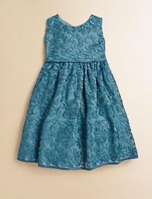 Shimmering, embroidered tulle lends a princess-like touch to a full-skirted, sleeveless frock.Jewel necklineSleevelessBack buttonsWaistband with adjustable sashFull skirtFully linedPolyesterDry cleanImported Please note: Number of buttons may vary depending on size ordered. 