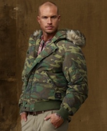 It's a jungle out there, but you won't blend in by wearing this bold, feather-filled camouflage jacket that features a fleece-lined hood with trim and cozy hand pockets for braving the elements.