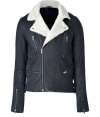 Inject modern style into your cool weather wardrobe with Iros monochrome leather biker jacket, finished with snow white shearling trim for ultra chic, minimalist results - Snapped notched lapel, off-center front zip, zippered slit pockets, long sleeves, zippered cuffs, belted sides - Contemporary straight fit - For a casual finish, wear with cool flannels and deconstructed jeans