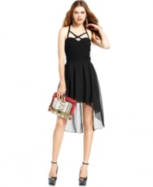 Unleash your inner vixen with this sultry dress from Trixxi! Fierce crisscross straps, a corset-styled bodice and a high-low hem combine to create a look worth all the hype. Unleash your inner vixen with this sultry dress from Trixxi! Fierce crisscross straps, a corset-styled bodice and a high-low hem combine to create a look worth all the hype.