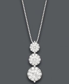Let elegance define you. Prestige Unity's stunning three-stone pendant features clusters of round-cut diamonds (3/4 ct. t.w.) in 14k white gold setting with matching box chain. Approximate length: 18 inches. Approximate drop: 3/4 inch. Let elegance define you. Prestige Unity's stunning three-stone pendant features clusters of round-cut diamonds (3/4 ct. t.w.) in 14k white gold setting with matching box chain. Approximate length: 18 inches. Approximate drop: 3/4 inch.