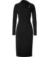 Luxurious dress in fine black virgin wool stretch - Wonderfully soft and flattering quality, particularly comfortable thanks to a little spandex content - A smashing dress with ultra elegant, figure-flattering d?collet? draping and decorative jeweled brooch - Long sleeves - Slim, sculpted to the body, with a sexy waist - In a classic just above the knee pencil length - A very special dress for very special occasions from cocktail parties to business appointments - A mega favorite dress for style-conscious fashionistas - Wear with exclusive pumps or booties