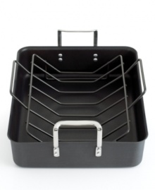The roast with the most. Juicy, mouth-watering turkeys and tender roasts cook quickly and easily, aided by the superior heat conductivity of this spacious roaster's medium-gauge, hard-anodized construction. Transferring meat from roaster to carving board has never been easier with the removable rack, while a nonstick interior provides a surface that's a breeze to clean. Lifetime warranty. The roast with the most. Juicy, mouth-watering turkeys and tender roasts cook quickly and easily, aided by the superior heat conductivity of this spacious roaster's medium-gauge, hard-anodized construction. Transferring meat from roaster to carving board has never been easier with the removable rack, while a nonstick interior provides a surface that's a breeze to clean. Lifetime warranty.