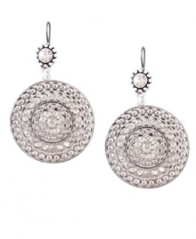 Embrace statement-making style. These bold, bohemian-style earrings by Jessica Simpson feature a large, textured disc drop in worn silver tone mixed metal. Approximate drop: 2-1/2 inches. Embrace statement-making style. These bold, bohemian-style earrings by Jessica Simpson feature a large, textured disc drop in worn silver tone mixed metal. Approximate drop: 2-1/2 inches.