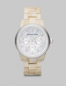 From the Ritz Collection. Be truly luminous in this crystal accented alabaster acetate timepiece. Quartz movementWater resistant to 10 ATMRound alabaster acetate case, 36mm (1.4) Textured bezelMother-of-pearl dialCrystal hour markersSecond hand Alabaster acetate link braceletImported