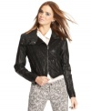 Material Girl mixes faux-leather details with a lustrous, fleece-lined bodice on this mixed-fabric moto jacket that's bound to land on your must-have list for fall.