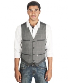 This pinstripe and plaid vest by Marc Ecko Cut & Sew upgrades your casual look to cool dapper style. This pinstripe and plaid vest by Marc Ecko Cut & Sew upgrades your casual look to cool dapper style.