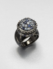 A jeweled bouquet in icy cool shades with a beaded edge blooms atop a wide sterling silver band with a smooth finish.Blue sapphire, white topaz and blue topazBlack rhodium-plated sterling silverDiameter, about .7Imported A jeweled bouquet in icy cool shades with a beaded edge blooms atop a wide sterling silver band with a smooth finish.Blue sapphire, white topaz and blue topazBlack rhodium-plated sterling silverDiameter, about .7Imported