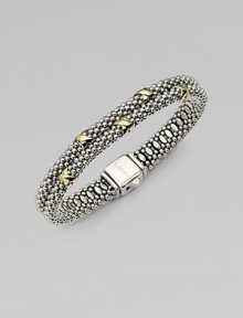Beautifully textured sterling silver with radiant 18k gold accents in a stunning double row design. Sterling silver18k goldDiameter, about 2¼Box clasp closureImported Beautifully textured sterling silver with radiant 18k gold accents in a stunning double row design. Sterling silver18k goldDiameter, about 2¼Box clasp closureImported