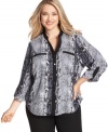 Snag fierce style this fall with Elementz' roll-tab sleeve plus size shirt, featuring a snakeskin print!