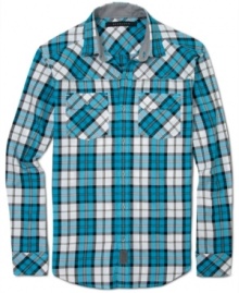 Sean John takes the trusty plaid shirt and turns it into a stylish streetwear detailed with a bias front yoke, chest pockets, and cuffs. Sean John takes the trusty plaid shirt and turns it into a stylish streetwear detailed with a bias front yoke, chest pockets, and cuffs.