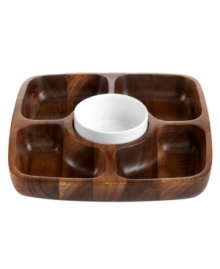 Wood works. Beautifully crafted in rich acacia wood and white ceramic, this 5-section serving tray brings a casual, organic feel to any setting. An entertaining staple, from The Cellar. Wood works. Beautifully crafted in rich acacia wood and white ceramic, this 5-section serving tray brings a casual, organic feel to any setting. An entertaining staple, from The Cellar.