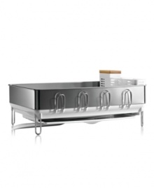 Come clean with the customized design of this stainless steel dish rack. The extra-large space features removable accessory pieces that move and mold to take whatever you dish out. A versatile drip tray directs water vertically or horizontally straight to the sink for quick, easy and mess-free draining. 5-year warranty. Come clean with the customized design of this stainless steel dish rack. The extra-large space features removable accessory pieces that move and mold to take whatever you dish out. A versatile drip tray directs water vertically or horizontally straight to the sink for quick, easy and mess-free draining. 5-year warranty.