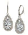 Gorgeous glam shines on these leverback drop earrings from Eliot Danori. Crafted from rhodium-plated brass, a teardrop-cut cubic zirconia (14 ct. t.w.) is surrounded by sparkling crystal accents. Approximate drop: 7/8 inch.