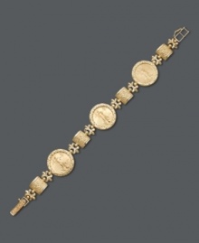Embrace your love of vintage coins in this unique style. a 14k gold bracelet features intricate scroll and square links and highlights three antique-inspired coins. Approximate length: 7-1/4 inches. Embrace your love of vintage coins in this unique style. a 14k gold bracelet features intricate scroll and square links and highlights three antique-inspired coins. Approximate length: 7-1/4 inches.