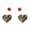 Earn your stripes. Zebra-print heart stud earrings are complemented by pretty pink crystal studs in Betsey Johnson's stylish set of earrings. Made in antique gold tone mixed metal, they come in a signature gift box. Approximate drop: 2/10 inch (crystal studs), 1/2 inch (heart studs).