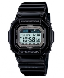 Keep on track with your active life with this multifunctional sport watch by G--Shock. Black resin bracelet and square case. Shock-resistant, digital display dial features backlight with afterglow, tide and moon graph, world time, three alarms, timer and date. Quartz movement. Water resistant to 200 meters. One-year limited warranty.