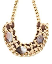 Inspired by the earth. Bar III's natural-hued statement necklace combines brown acrylic stones in a woven setting. Crafted in gold-plated mixed metal. Approximate length: 22 inches. Approximate drop length: 1-1/2 inches. Approximate drop width: 10 inches. Inspired by the earth. Bar III's natural-hued statement necklace combines brown acrylic stones in a woven setting. Crafted in gold-plated mixed metal. Approximate length: 22 inches. Approximate drop length: 1-1/2 inches. Approximate drop width: 10 inches.