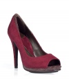 Luxurious platform pumps of fine, cranberry suede - An awesome shoe with a small platform and high stiletto heel - Open peep toe front - Ingenious blend of sophisticated, sharp and sexy - Stable, raised heel, you wont slip out - A dream shoe for grand events and parties - Fits with an exclusive evening gown as well as with cool skinny pants or flared trousers