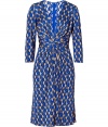 Stylish dress in fine patterned silk - From it British label, Issa - Uncommonly soft, flattering jersey quality - Decorative, graphic print in a beautiful royal blue and nude geometric print - Narrow silhouette with elegant knot draping - Deep v-neck and slim 3/4-length sleeves - Skirt is slightly flared and falls just above the knee - Wear to trendy parties or chic events with peep toe heels and a favorite, simple clutch